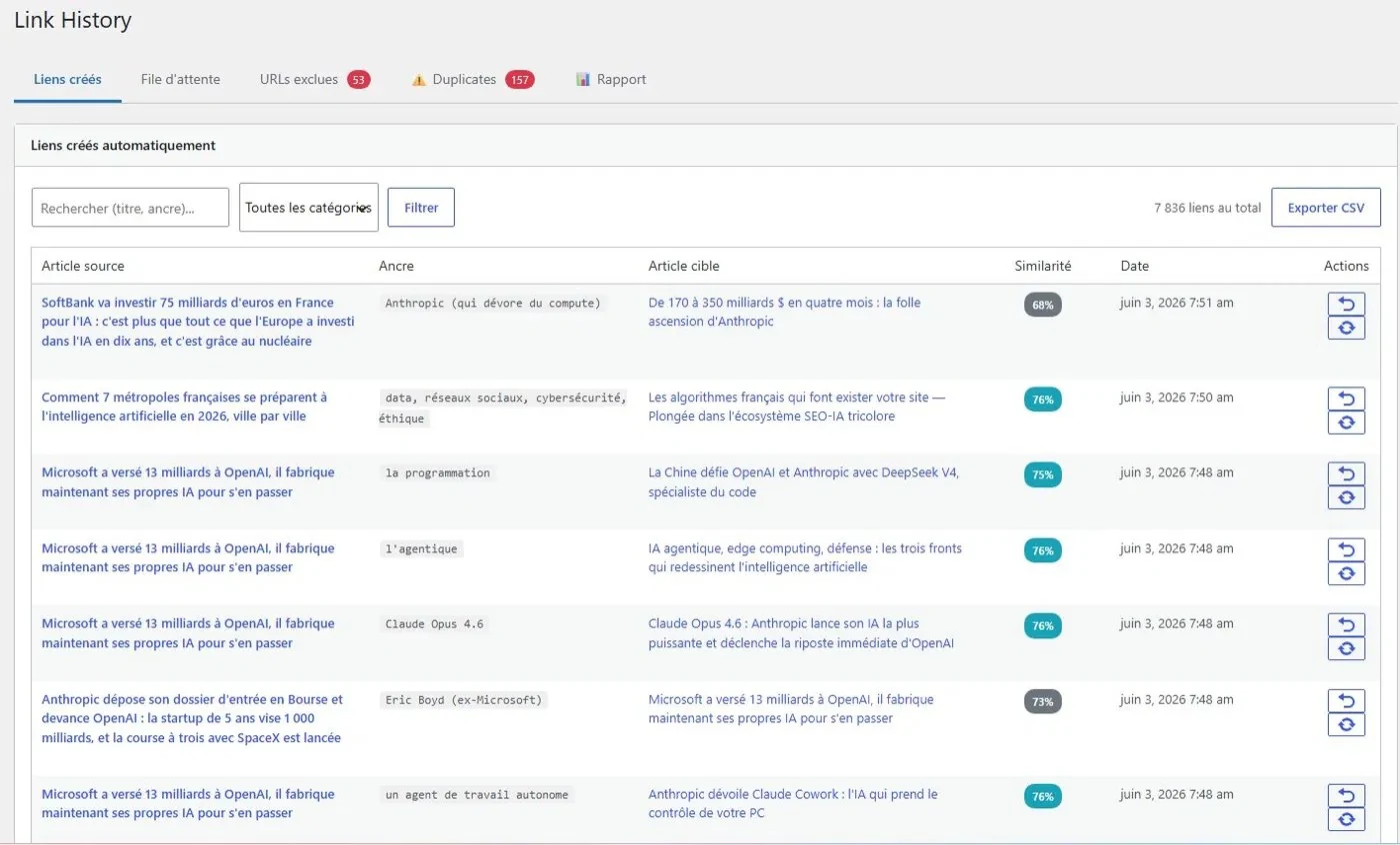 Tableau de bord Easy Content Linker : historique du maillage interne avec les liens internes créés automatiquement, leurs ancres et leurs scores de similarité sémantique
